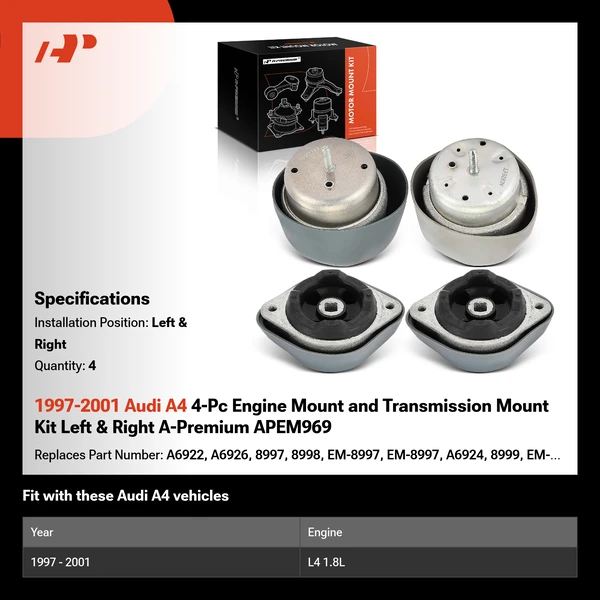 1997-2001 Audi A4 4-Pc Engine Mount and Transmission Mount Kit Left & Right A-Premium APEM969