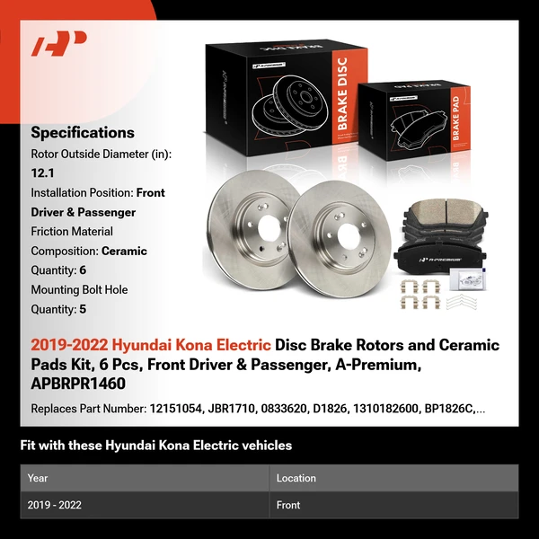 2019-2022 Hyundai Kona Electric Disc Brake Rotors and Ceramic Pads Kit, 6 Pcs, Front Driver & Passenger, A-Premium, APBRPR1460
