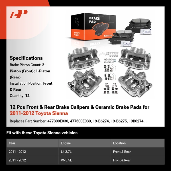 12 Pcs Front & Rear Brake Calipers & Ceramic Brake Pads for 2011-2012 Toyota Sienna