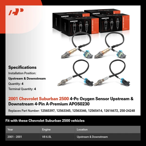2001 Chevrolet Suburban 2500 4-Pc Oxygen Sensor Upstream & Downstream 4-Pin A-Premium APOS0230