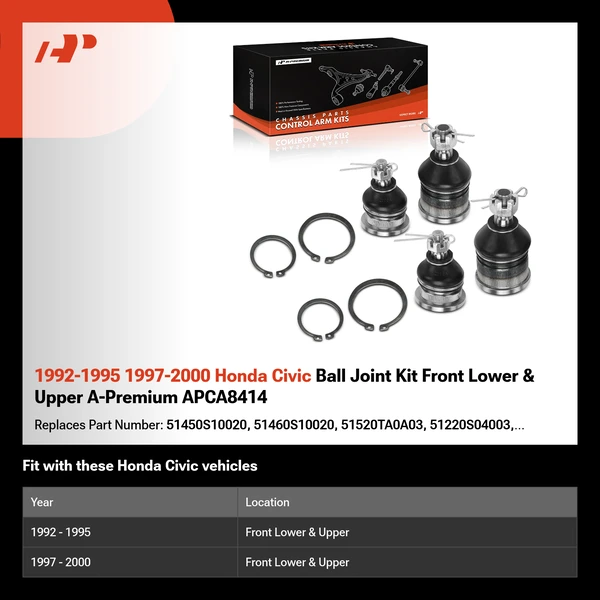 1992-1995 1997-2000 Honda Civic Ball Joint Kit Front Lower & Upper A-Premium APCA8414
