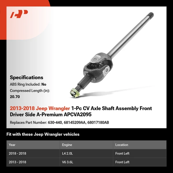 2013-2018 Jeep Wrangler 1-Pc CV Axle Shaft Assembly Front Driver Side A-Premium APCVA2095