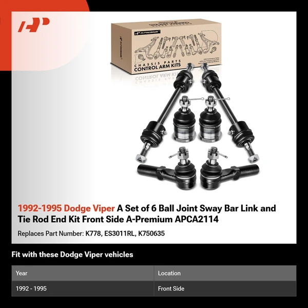 1992-1995 Dodge Viper A Set of 6 Ball Joint Sway Bar Link and Tie Rod End Kit Front Side A-Premium APCA2114