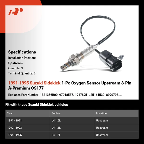 1991-1995 Suzuki Sidekick 1-Pc Oxygen Sensor Upstream 3-Pin A-Premium OS177