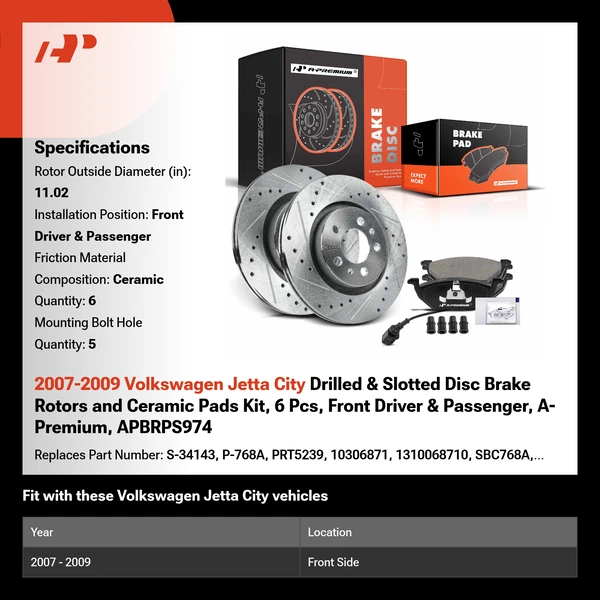 2007-2009 Volkswagen Jetta City Drilled & Slotted Disc Brake Rotors and Ceramic Pads Kit, 6 Pcs, Front Driver & Passenger, A-Premium, APBRPS974