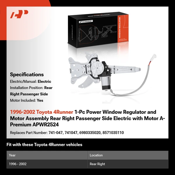1996-2002 Toyota 4Runner 1-Pc Power Window Regulator and Motor Assembly Rear Right Passenger Side Electric with Motor A-Premium APWR2524