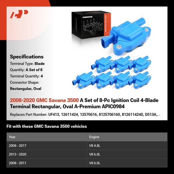 2008-2020 GMC Savana 3500 A Set of 8-Pc Ignition Coil 4-Blade Terminal Rectangular, Oval A-Premium APIC0984