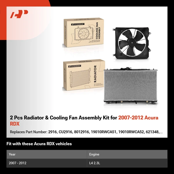 2 Pcs Radiator & Cooling Fan Assembly Kit for 2007-2012 Acura RDX