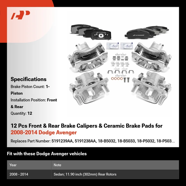 12 Pcs Front & Rear Brake Calipers & Ceramic Brake Pads for 2008-2014 Dodge Avenger