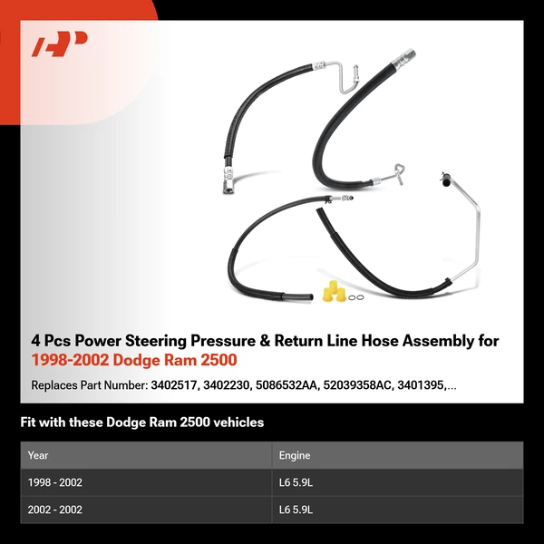 4 Pcs Power Steering Pressure & Return Line Hose Assembly for 1998-2002 Dodge Ram 2500