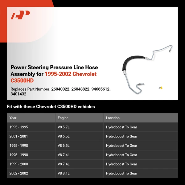Power Steering Pressure Line Hose Assembly for 1995-2002 Chevrolet C3500HD