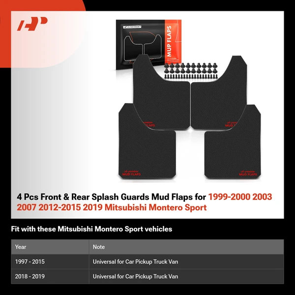 4 Pcs Front & Rear Splash Guards Mud Flaps for 1999-2000 2003 2007 2012-2015 2019 Mitsubishi Montero Sport