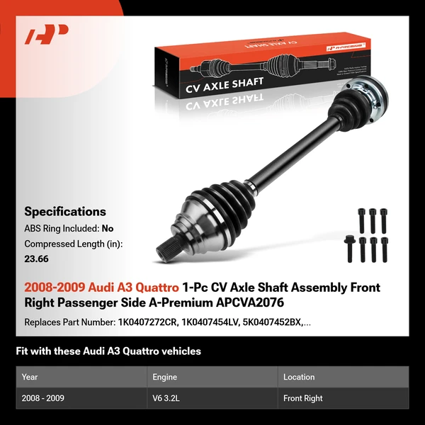 2008-2009 Audi A3 Quattro 1-Pc CV Axle Shaft Assembly Front Right Passenger Side A-Premium APCVA2076
