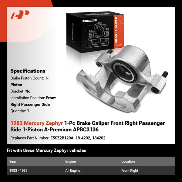 1983 Mercury Zephyr 1-Pc Brake Caliper Front Right Passenger Side 1-Piston A-Premium APBC3136