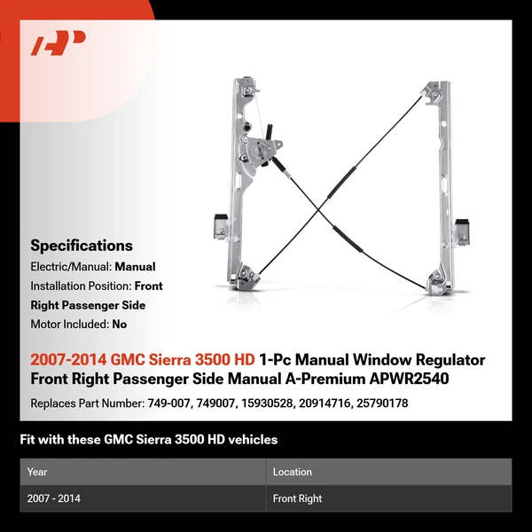 2007-2014 GMC Sierra 3500 HD 1-Pc Manual Window Regulator Front Right Passenger Side Manual A-Premium APWR2540