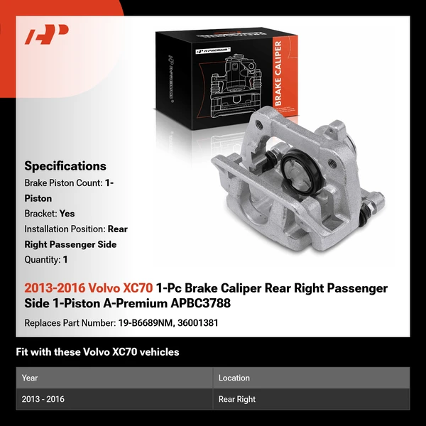 2013-2016 Volvo XC70 1-Pc Brake Caliper Rear Right Passenger Side 1-Piston A-Premium APBC3788