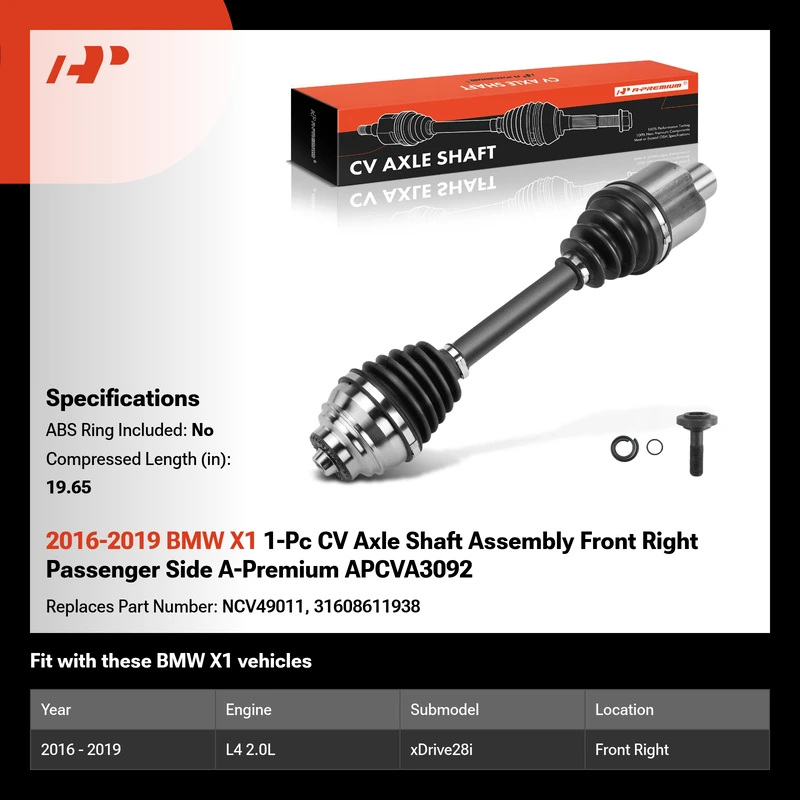 2016-2019 BMW X1 1-Pc CV Axle Shaft Assembly Front Right Passenger Side A-Premium APCVA3092