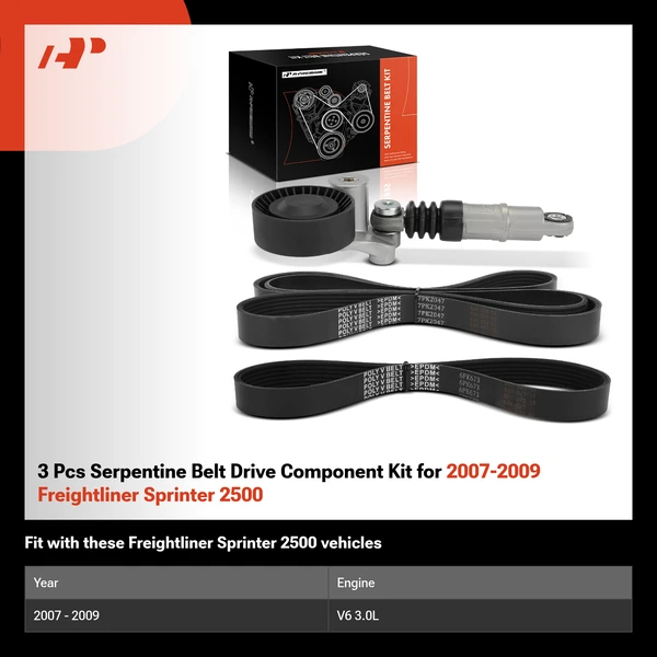 3 Pcs Serpentine Belt Drive Component Kit for 2007-2009 Freightliner Sprinter 2500