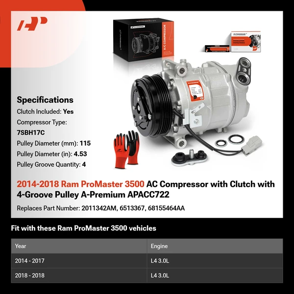2014-2018 Ram ProMaster 3500 AC Compressor with Clutch with 4-Groove Pulley A-Premium APACC722