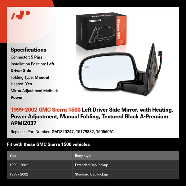 1999-2002 GMC Sierra 1500 Left Driver Side Mirror, with Heating, Power Adjustment, Manual Folding, Textured Black A-Premium APMI2037