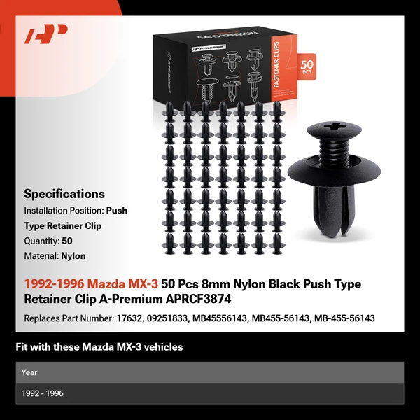 1992-1996 Mazda MX-3 50 Pcs 8mm Nylon Black Push Type Retainer Clip A-Premium APRCF3874