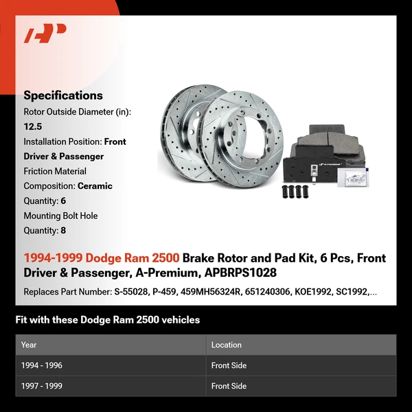 1994-1999 Dodge Ram 2500 Brake Rotor and Pad Kit, 6 Pcs, Front Driver & Passenger, A-Premium, APBRPS1028