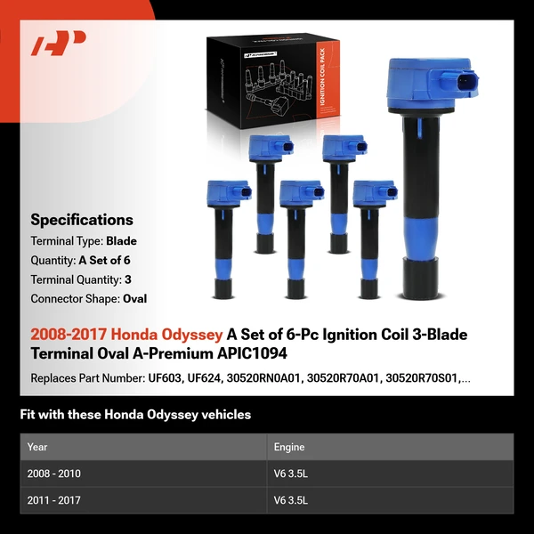2008-2017 Honda Odyssey A Set of 6-Pc Ignition Coil 3-Blade Terminal Oval A-Premium APIC1094