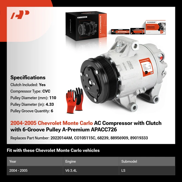 2004-2005 Chevrolet Monte Carlo AC Compressor with Clutch with 6-Groove Pulley A-Premium APACC726