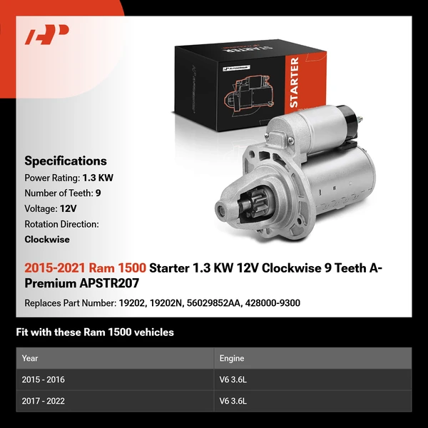 2015-2021 Ram 1500 Starter 1.3 KW 12V Clockwise 9 Teeth A-Premium APSTR207
