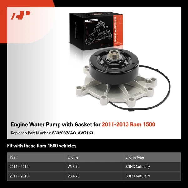 Engine Water Pump with Gasket for 2011-2013 Ram 1500