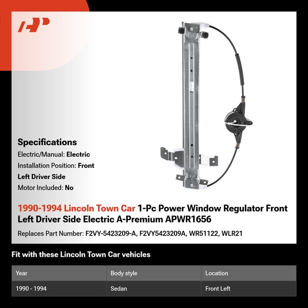 1990-1994 Lincoln Town Car 1-Pc Power Window Regulator Front Left Driver Side Electric A-Premium APWR1656