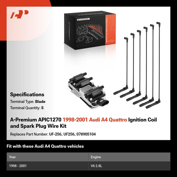 A-Premium APIC1270 1998-2001 Audi A4 Quattro Ignition Coil and Spark Plug Wire Kit