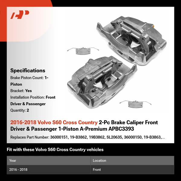 2016-2018 Volvo S60 Cross Country 2-Pc Brake Caliper Front Driver & Passenger 1-Piston A-Premium APBC3393