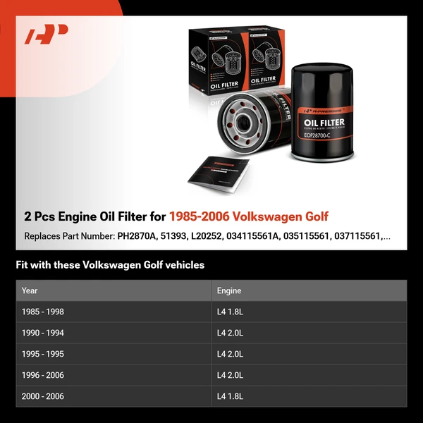 2 Pcs Engine Oil Filter for 1985-2006 Volkswagen Golf