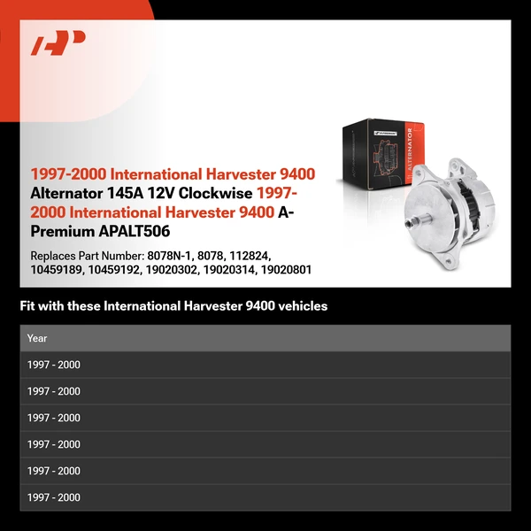 1997-2000 International Harvester 9400 Alternator 145A 12V Clockwise 1997-2000 International Harvester 9400 A-Premium APALT506