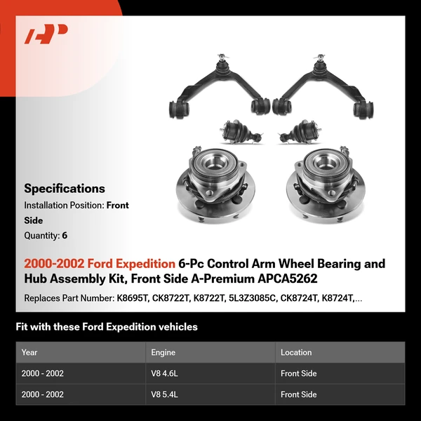 2000-2002 Ford Expedition 6-Pc Control Arm Wheel Bearing and Hub Assembly Kit, Front Side A-Premium APCA5262