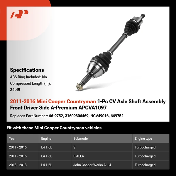2011-2016 Mini Cooper Countryman 1-Pc CV Axle Shaft Assembly Front Driver Side A-Premium APCVA1097