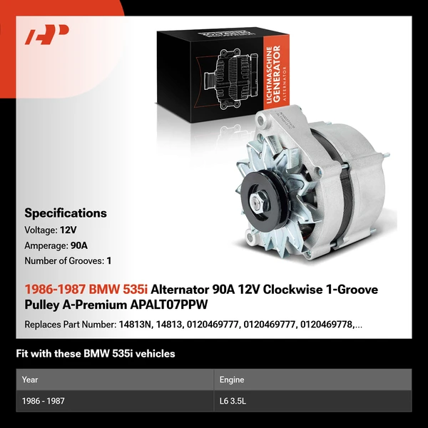 1986-1987 BMW 535i Alternator 90A 12V Clockwise 1-Groove Pulley A-Premium APALT07PPW