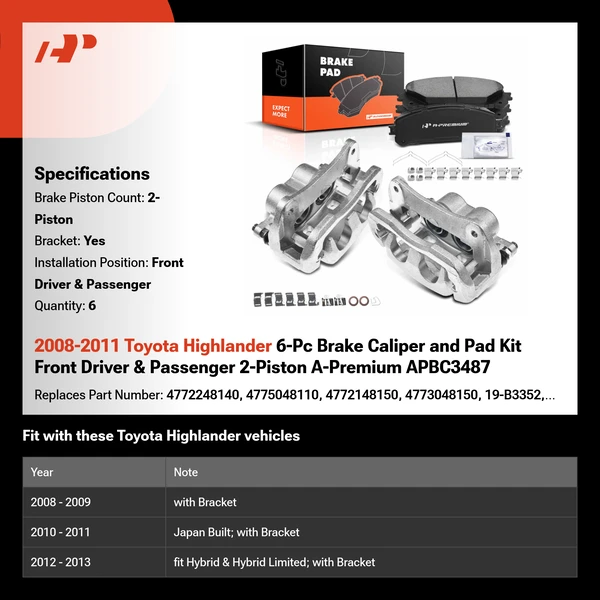 2008-2011 Toyota Highlander 6-Pc Brake Caliper and Pad Kit Front Driver & Passenger 2-Piston A-Premium APBC3487