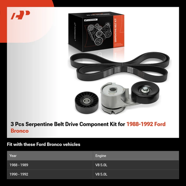 3 Pcs Serpentine Belt Drive Component Kit for 1988-1992 Ford Bronco