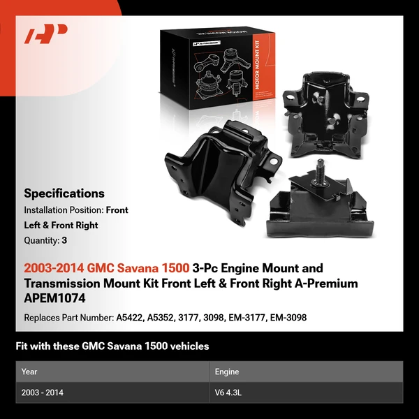 2003-2014 GMC Savana 1500 3-Pc Engine Mount and Transmission Mount Kit Front Left & Front Right A-Premium APEM1074