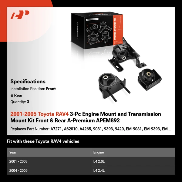 2001-2005 Toyota RAV4 3-Pc Engine Mount and Transmission Mount Kit Front & Rear A-Premium APEM892