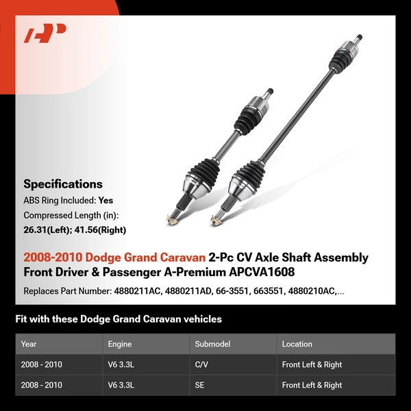 2008-2010 Dodge Grand Caravan 2-Pc CV Axle Shaft Assembly Front Driver & Passenger A-Premium APCVA1608