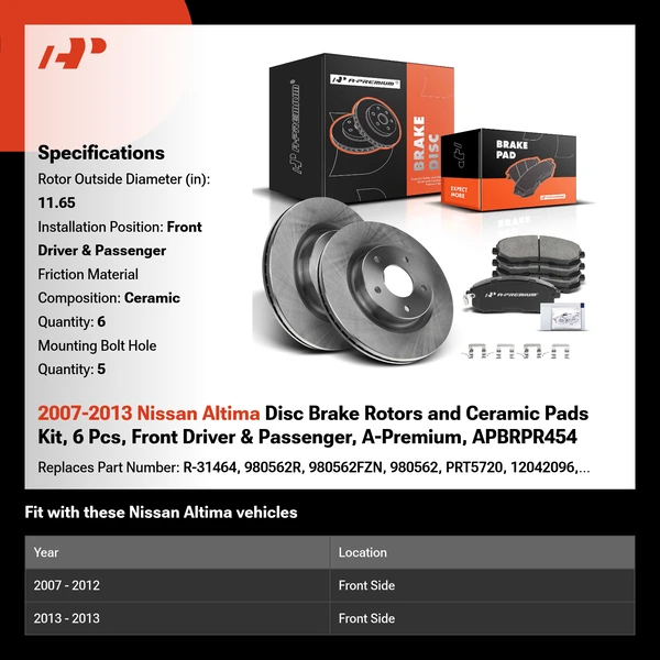 2007-2013 Nissan Altima Disc Brake Rotors and Ceramic Pads Kit, 6 Pcs, Front Driver & Passenger, A-Premium, APBRPR454
