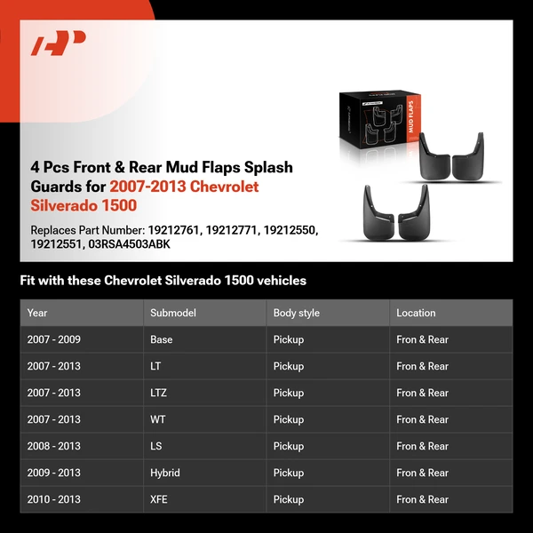 4 Pcs Front & Rear Mud Flaps Splash Guards for 2007-2013 Chevrolet Silverado 1500