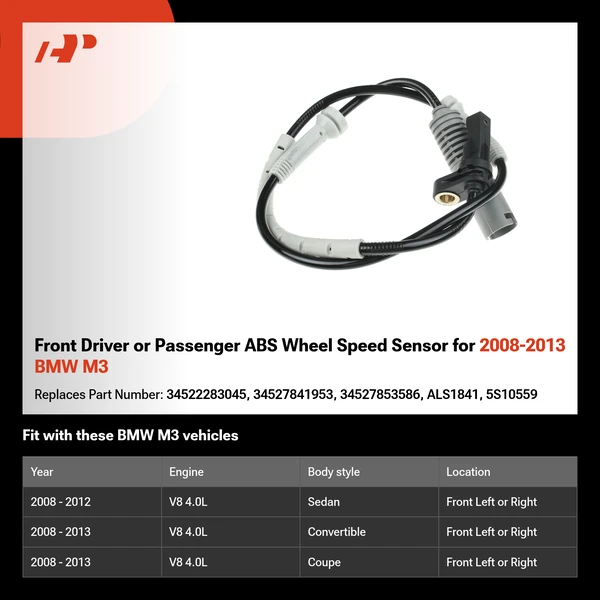 Front Driver or Passenger ABS Wheel Speed Sensor for 2008-2013 BMW M3