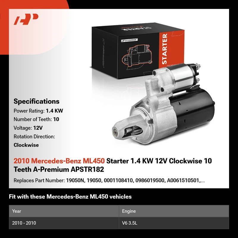 2010 Mercedes-Benz ML450 Starter 1.4 KW 12V Clockwise 10 Teeth A-Premium APSTR182