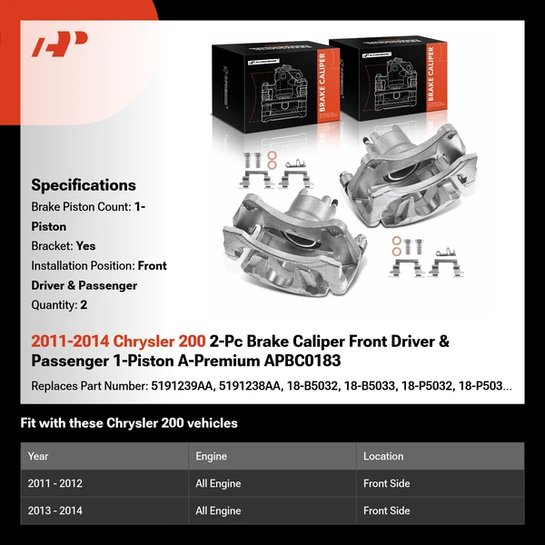 2011-2014 Chrysler 200 2-Pc Brake Caliper Front Driver & Passenger 1-Piston A-Premium APBC0183