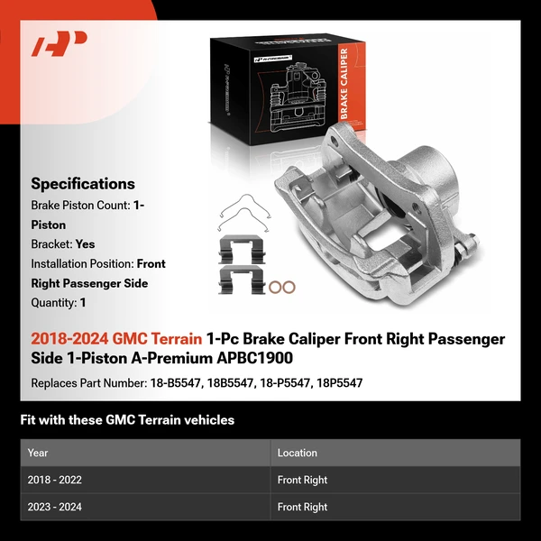 2018-2024 GMC Terrain 1-Pc Brake Caliper Front Right Passenger Side 1-Piston A-Premium APBC1900