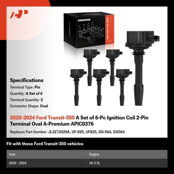 2020-2024 Ford Transit-350 A Set of 6-Pc Ignition Coil 2-Pin Terminal Oval A-Premium APIC0376